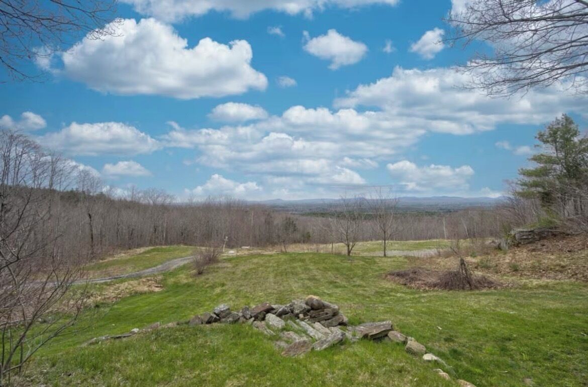 A grassy field with a stone wall and trees in the background.