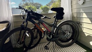 A bicycle parked on a porch with a view of trees and a house in the background.
