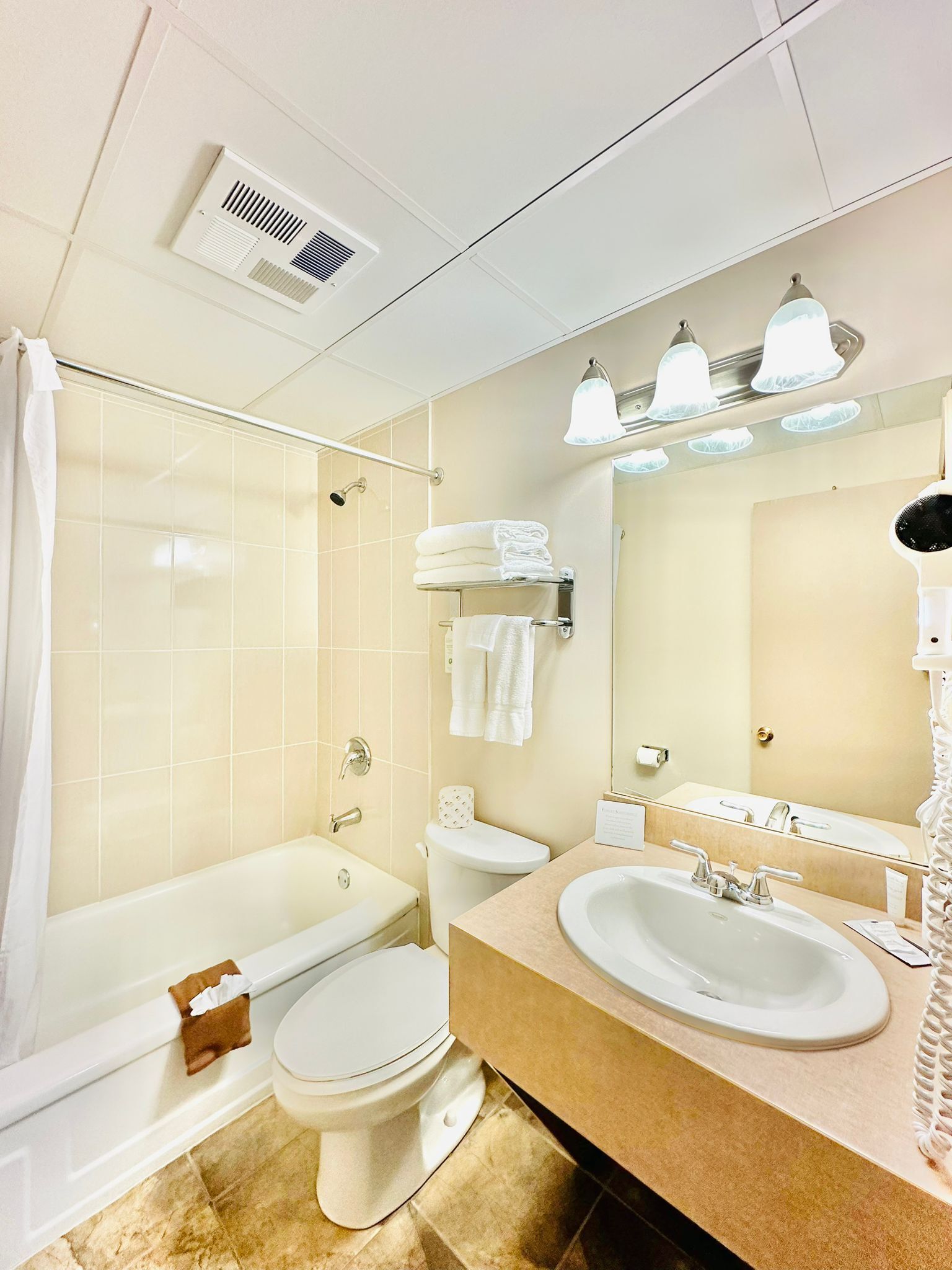 Hair dryer, towels, soap, toilet paper