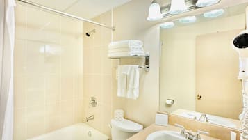 Hair dryer, towels, soap, toilet paper