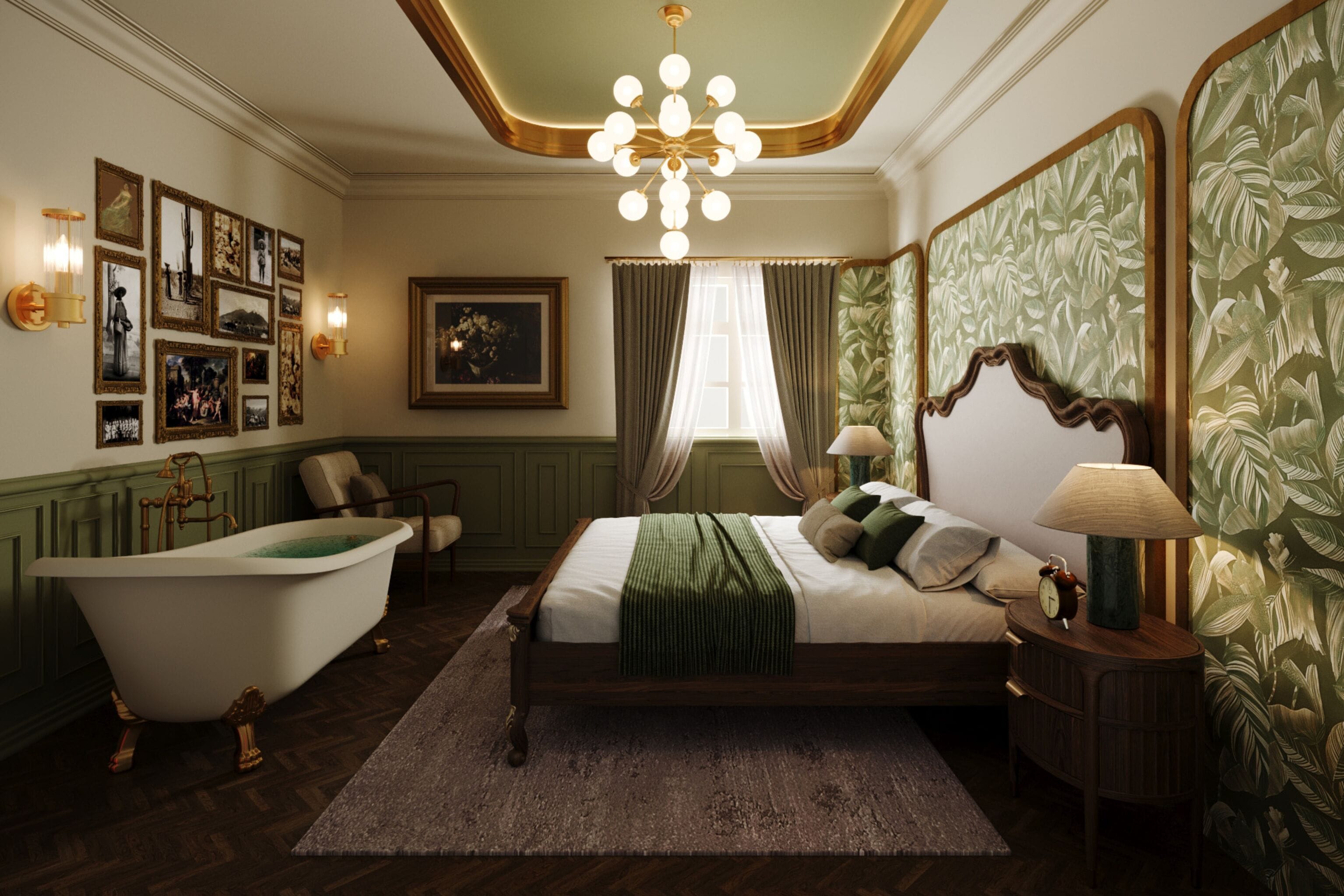 A classic bedroom with a large bed, a vintage bathtub, and a chandelier.