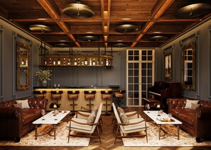 A bar area with stools, a piano, and a large mirror. - Roma Nueve Dos Hotel Boutique (Mexico City)