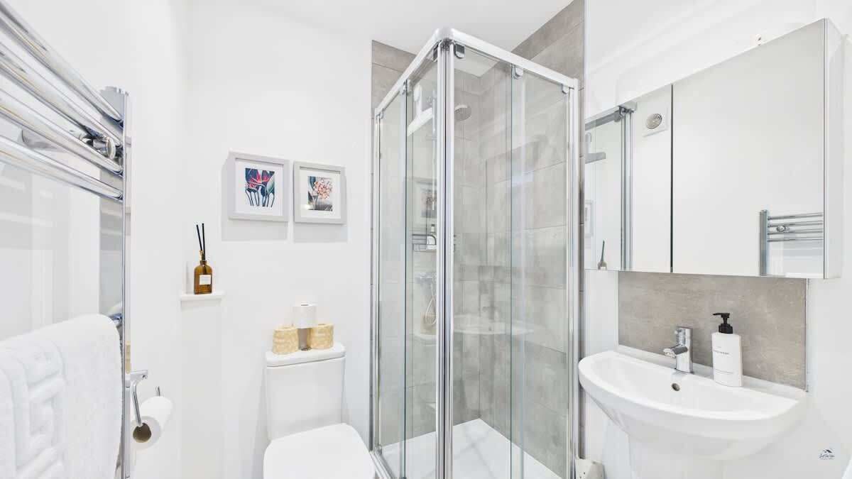 A modern bathroom with a glass shower enclosure, a white sink, and a toilet.