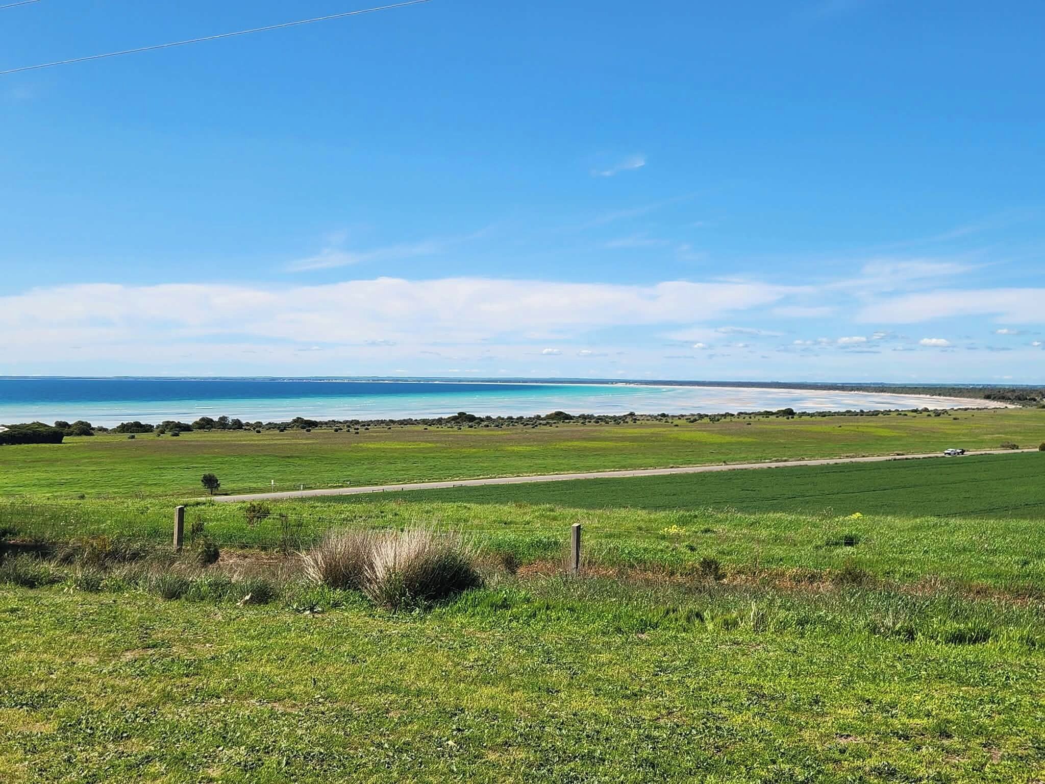 A coastal landscape with a grassy field, a dirt path, and a view of the ocean.
