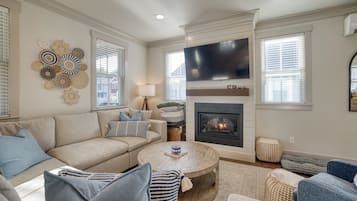 Smart TV, fireplace, books