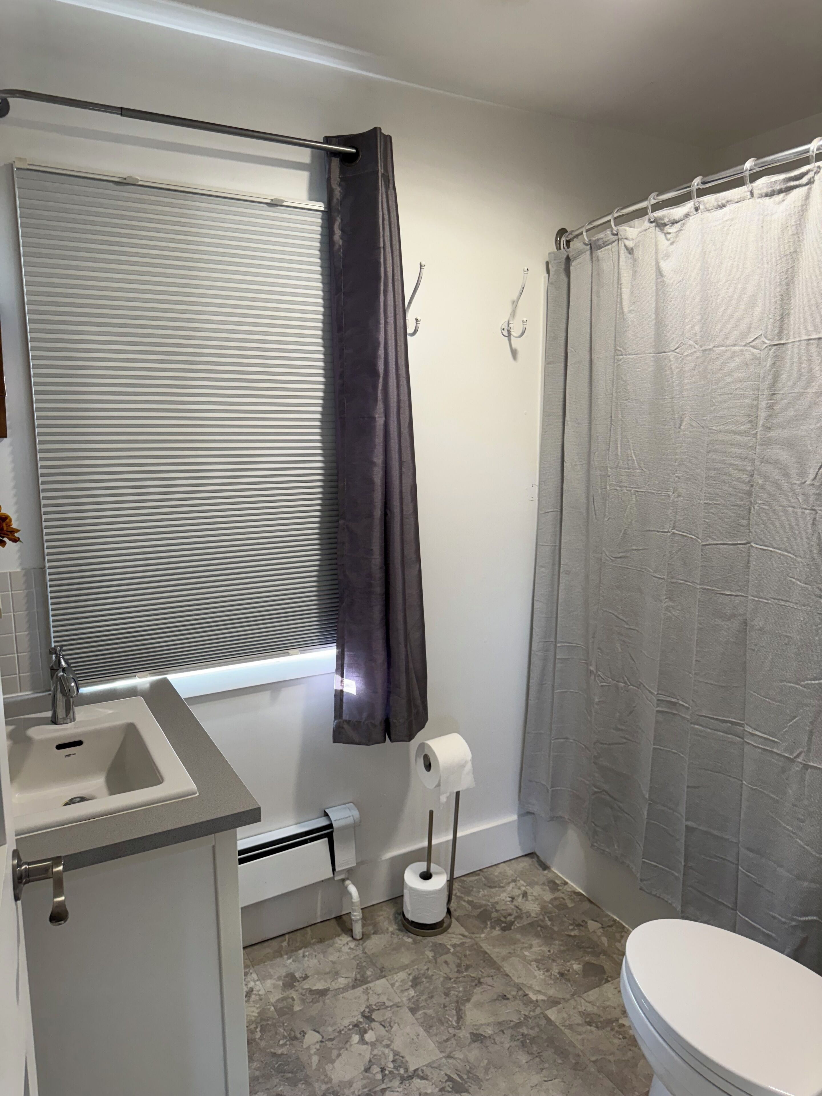 Hair dryer, towels, soap, shampoo