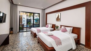 A hotel room with two beds, a TV, and a view of the outside. - 6 Rooms Exclusive Villa in Siem Reap — Wellness & Culture Immersion (Siem Reap)