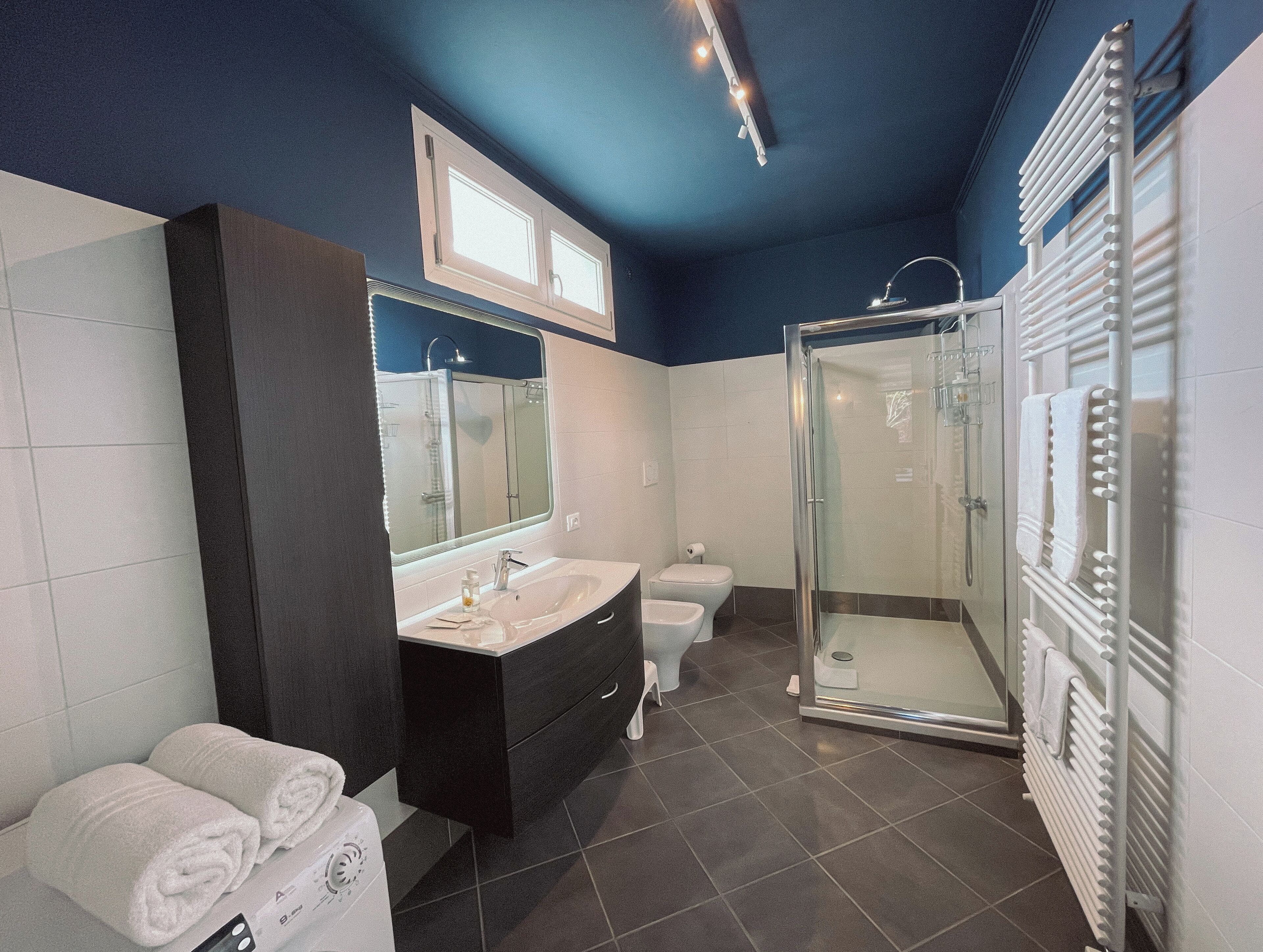 Un bagno moderno con soffitto blu scuro, piastrelle bianche, un mobile lavabo nero, una cabina doccia in vetro e un porta asciugamani bianco.
