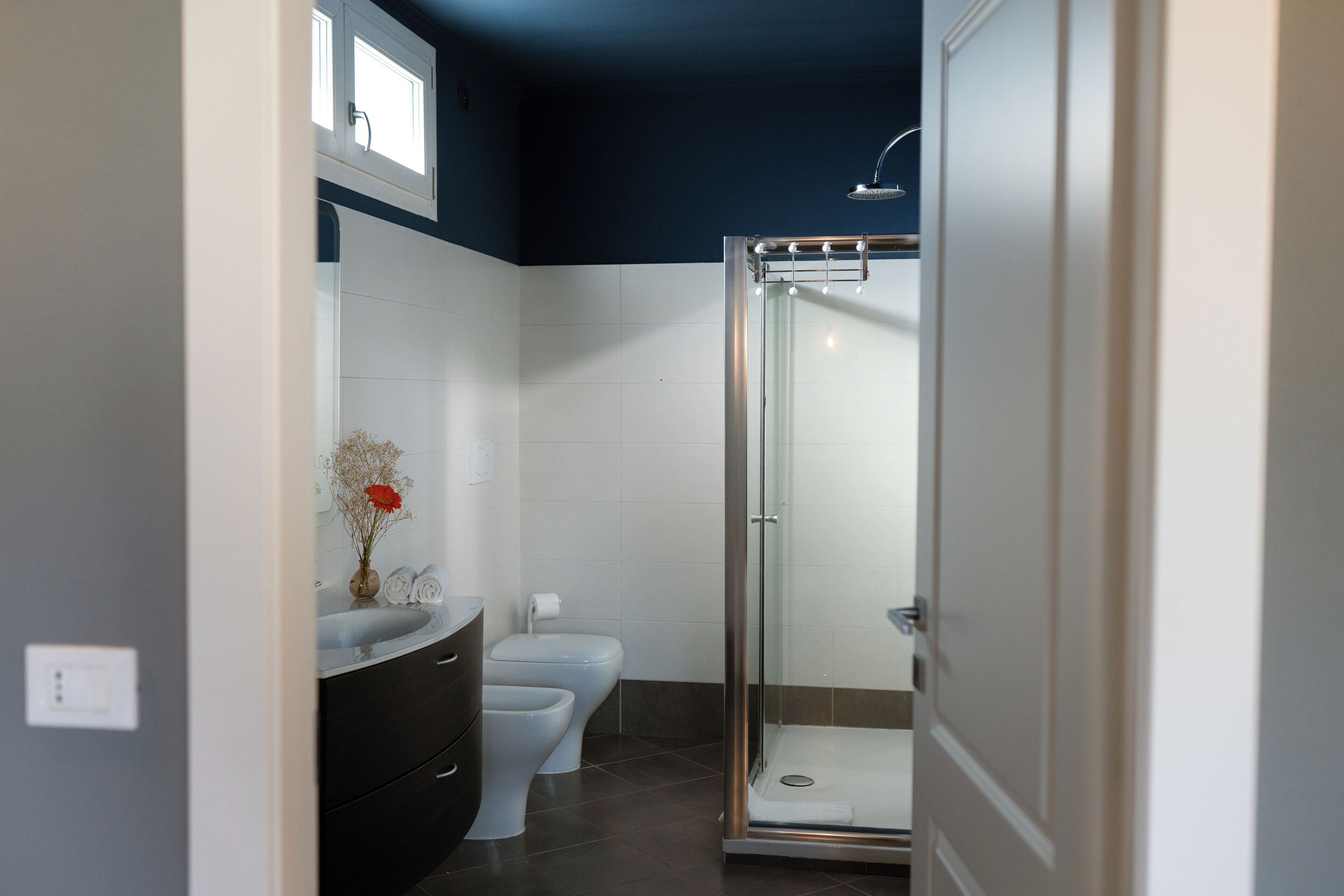 A modern bathroom with a glass-enclosed shower, a white toilet, and a dark-colored vanity.