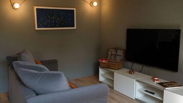 Ein modernes Wohnzimmer mit einem grauen Sofa, einem Flachbildfernseher und einem gerahmten Kunstwerk an der Wand.
