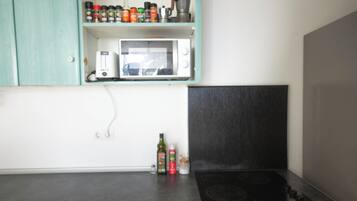 Grand réfrigérateur, micro-ondes, plaque de cuisson