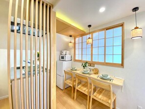 Fridge, microwave, stovetop, electric kettle - H401 ＊[New] Tokyo luxury guesthouse｜Japanese style 2DK｜Honjo-Azumabashi station & direct airport access｜Near Asakusa & Skytree (墨田区)