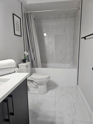 Hair dryer, towels, soap, toilet paper