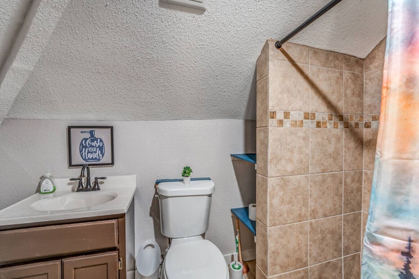 A bathroom with a sink, toilet, and shower. There is a framed sign on the wall and a small plant on the toilet tank.