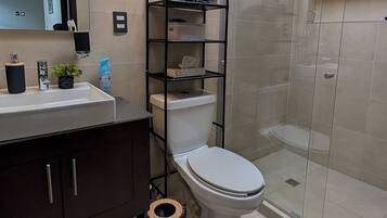 Shower, hair dryer, towels, soap