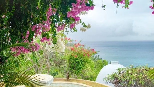A swimming pool with a view of the ocean, surrounded by lush greenery and flowering plants. - Mentigibay Dome Villa Lombok (Pemenang)
