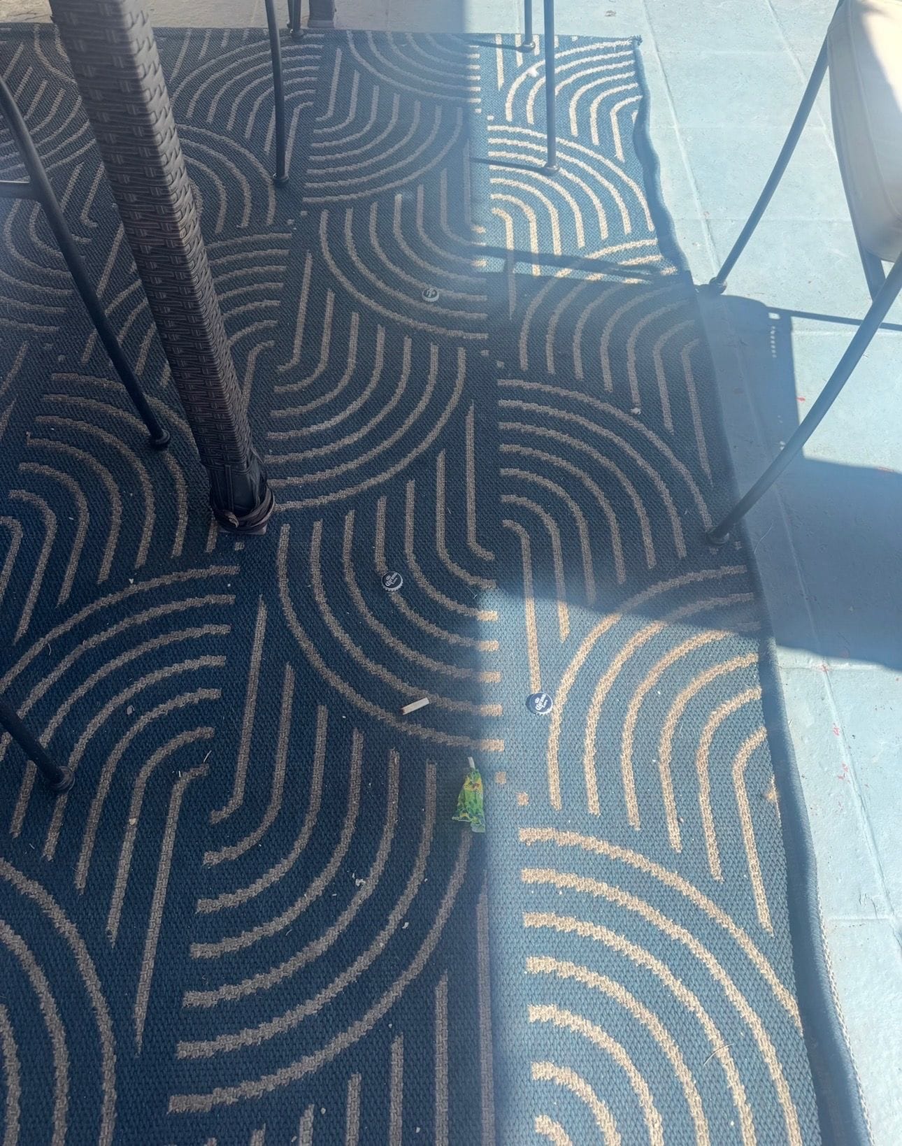 A patterned floor with a circular design, metal poles, and a small green object on the ground.
