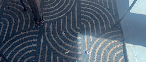 A patterned floor with a circular design, metal poles, and a small green object on the ground.