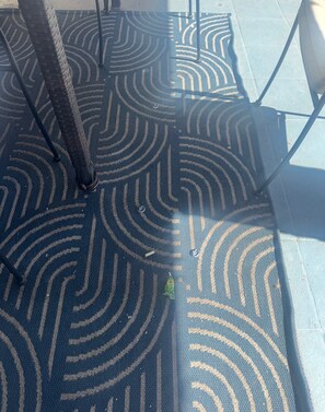 A patterned floor with a circular design, metal poles, and a small green object on the ground. - Renovated 4-bedroom house in Las Vegas, private pool, BBQ, ping-pong, parking, 20 minutes from the Strip (Henderson)