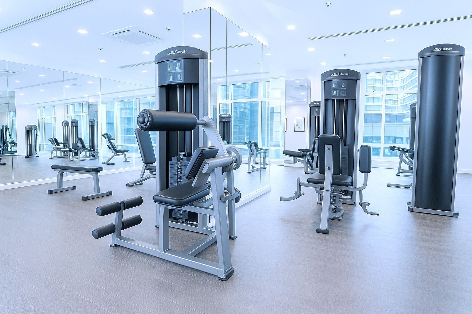Un gimnasio moderno con diversas máquinas de ejercicio, amplias ventanas y un diseño limpio y espacioso.