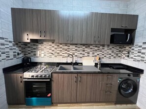 A modern kitchen with a gas stove, oven, microwave, sink, and built-in washing machine.