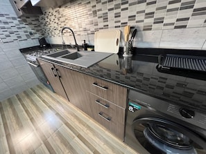 A modern kitchen with a built-in gas stove, a double sink, and a stainless steel washing machine.