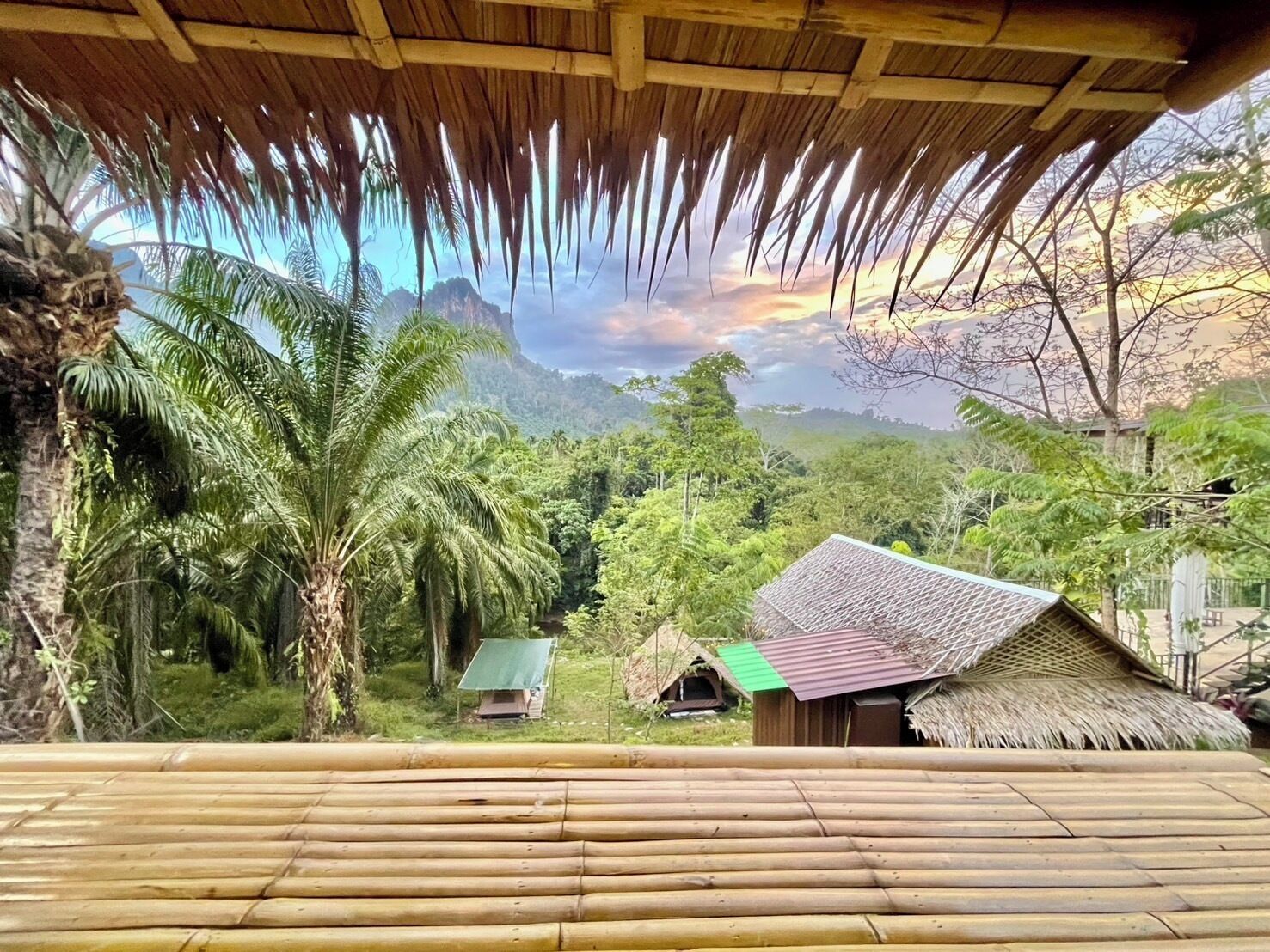 A bamboo structure with a thatched roof overlooking a lush valley with palm trees and a small hut.