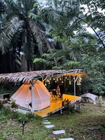Un área de campamento con carpas y techo de paja, rodeada de abundante vegetación y palmeras.