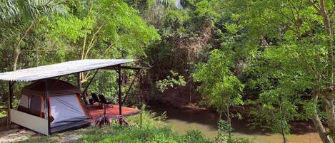 A tented camping area with a view of a river and dense forest.