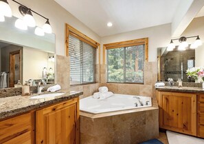 Shower, jetted bath, bidet, towels