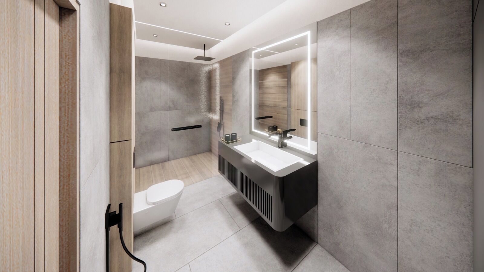 Een douche, een haardroger, pantoffels, handdoeken