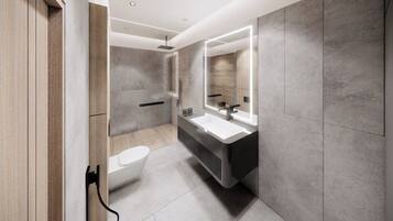 Een douche, een haardroger, pantoffels, handdoeken