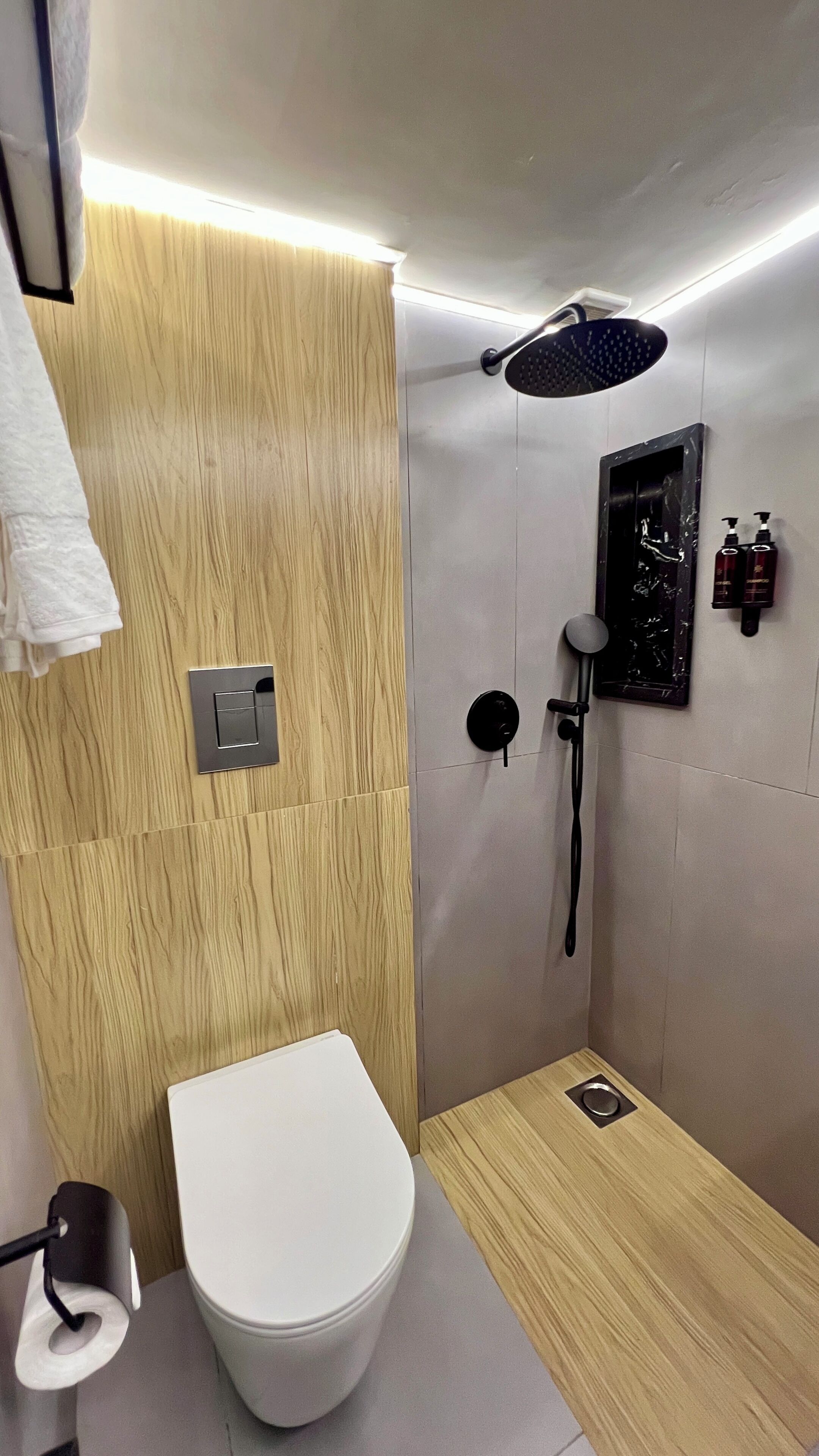 Een kleine badkamer met toilet, douche en handdoekrek.