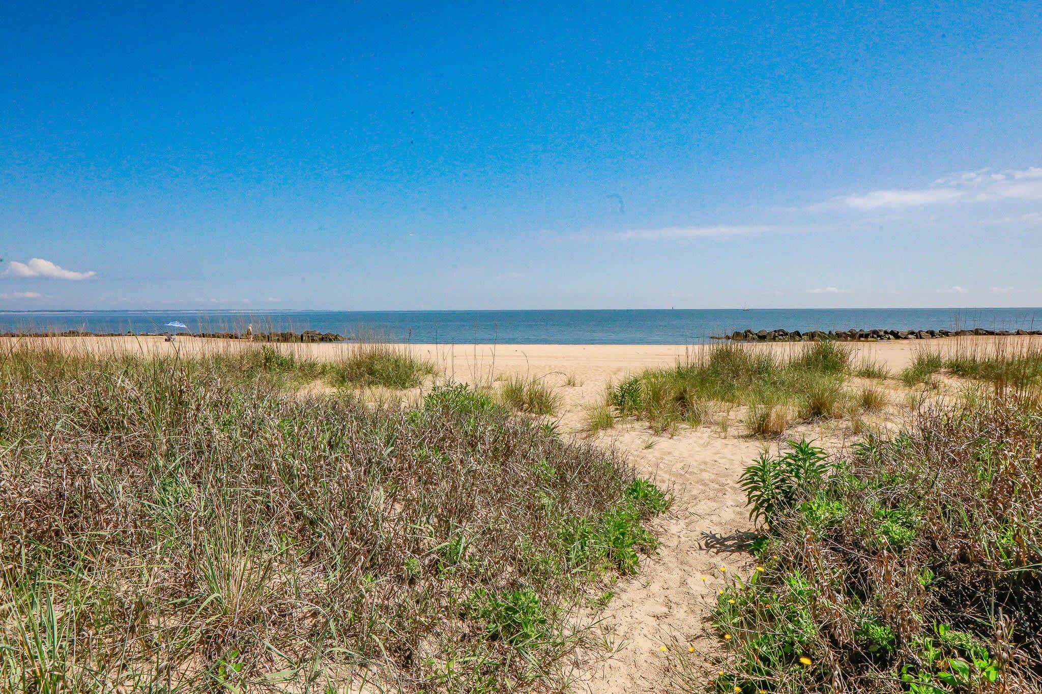 Une plage avec un ciel dégagé, des dunes de sable et une mer calme.