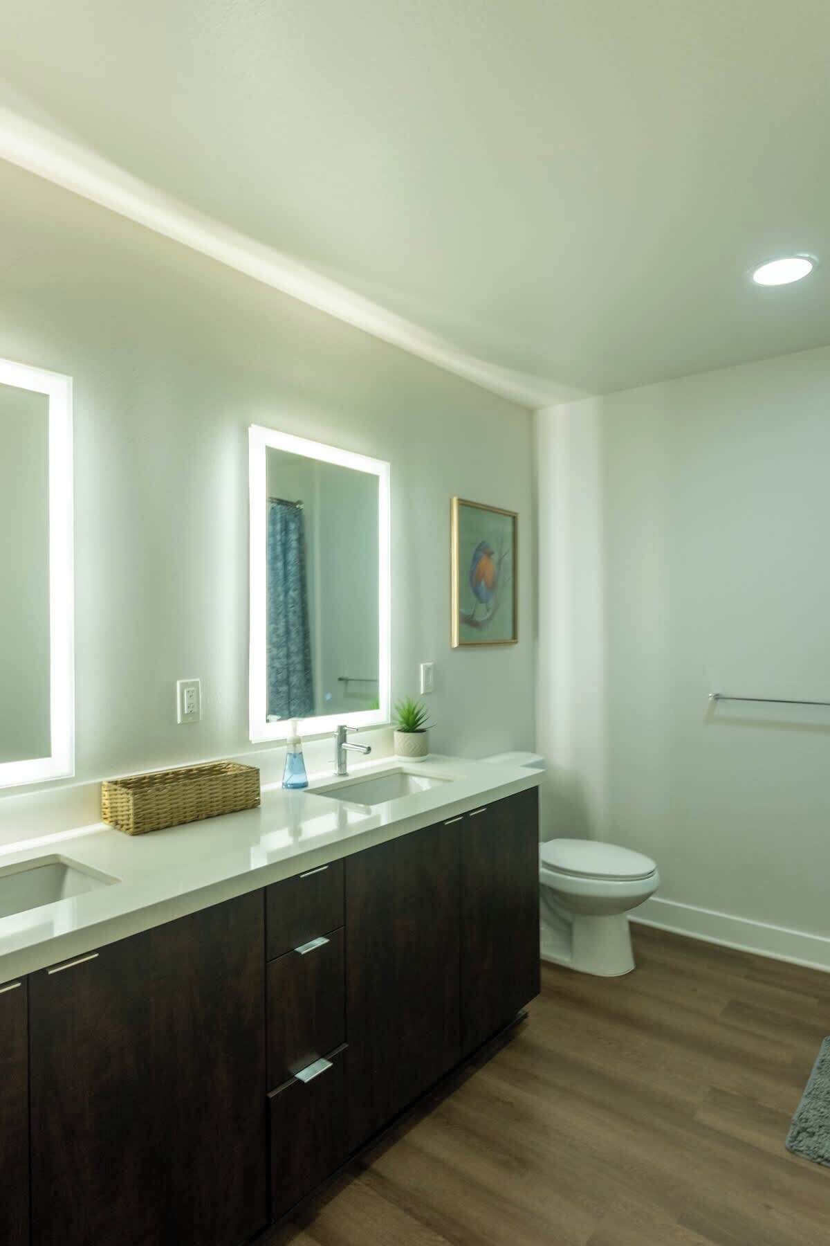 A modern bathroom with a large vanity, a toilet, and a shower area.
