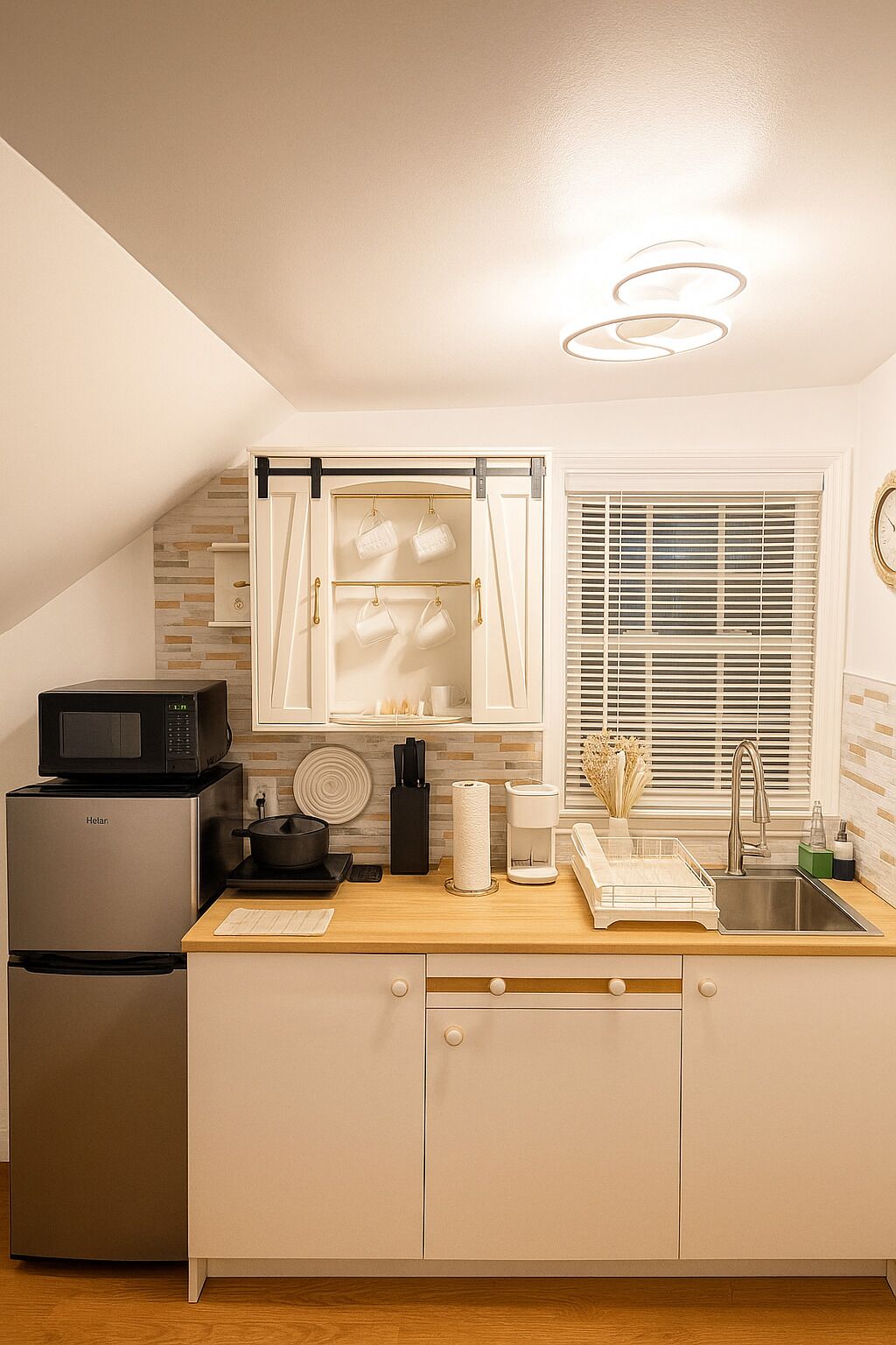 Fridge, microwave, stovetop, coffee/tea maker