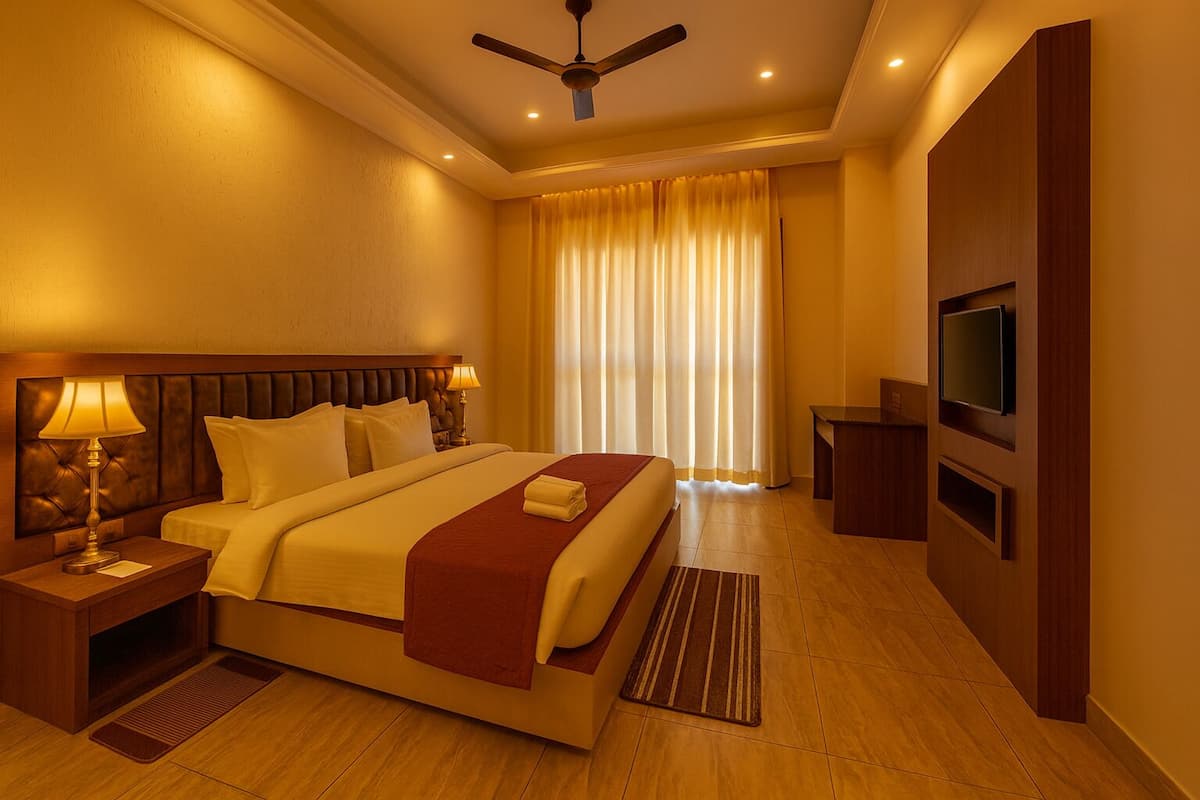 A hotel room with a large bed, a ceiling fan, a TV, and a window with curtains.