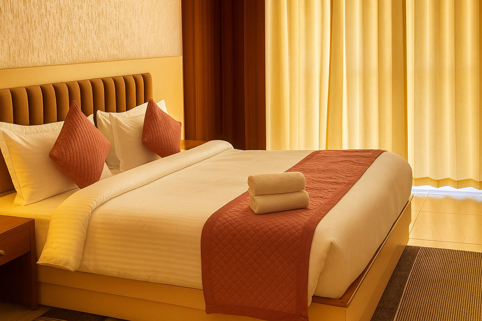 A hotel room with a large bed, a wooden headboard, and a view of the sea through the curtains.