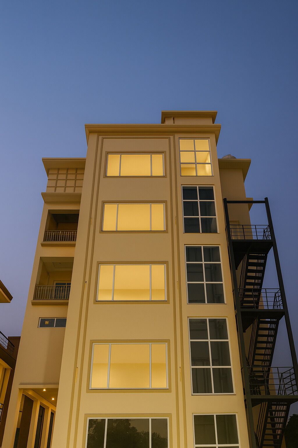 A multi-story building with a flat facade, large windows, and a fire escape on the right side.