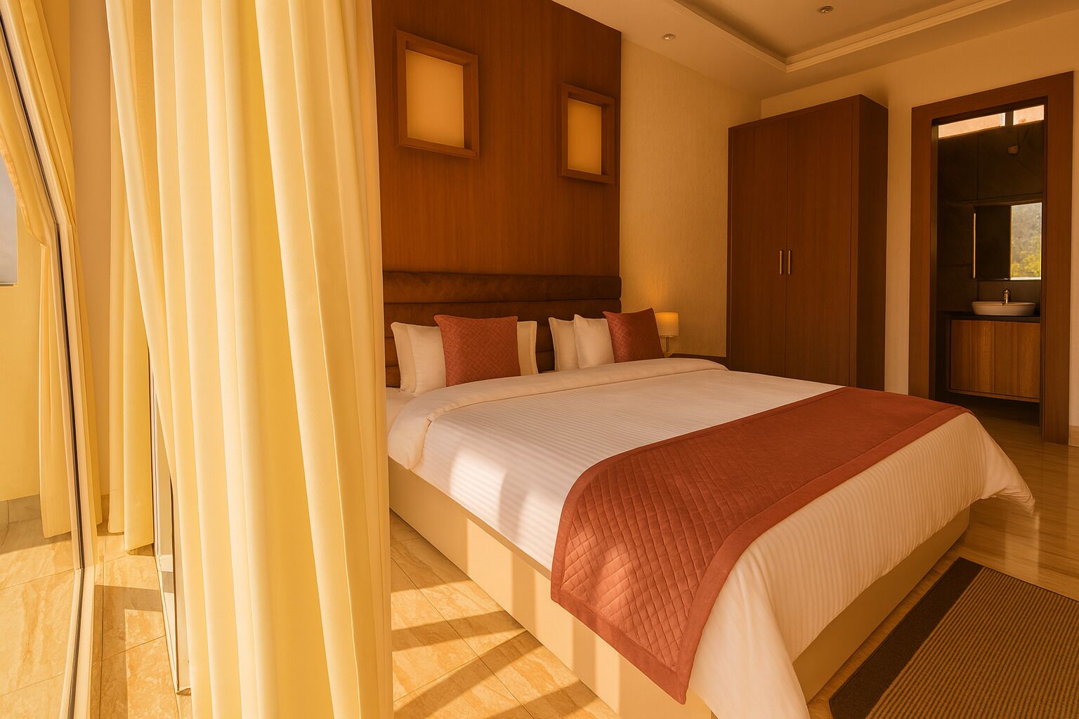 A hotel room with a large bed, wooden headboard, and a bathroom with a sink and mirror.
