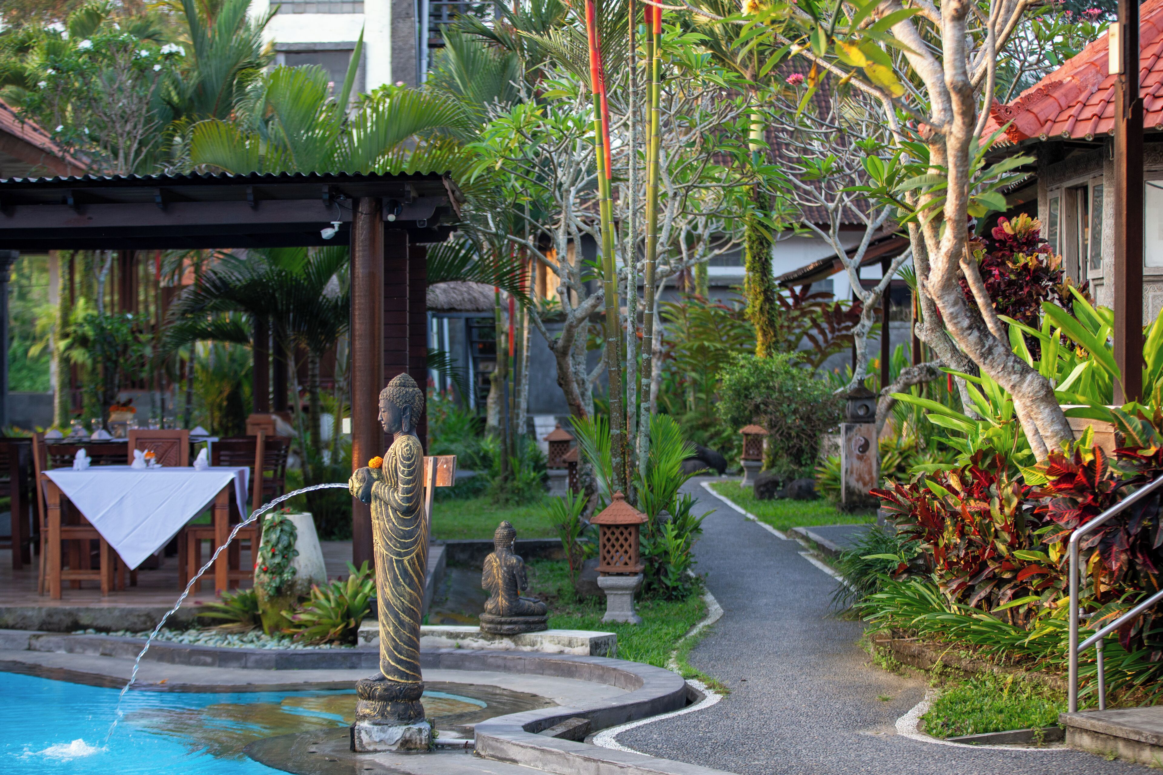 A serene garden with a statue, a pool, and a pathway.