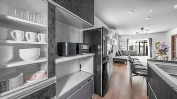 Fridge, microwave, stovetop, electric kettle