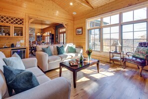 TV, fireplace, books