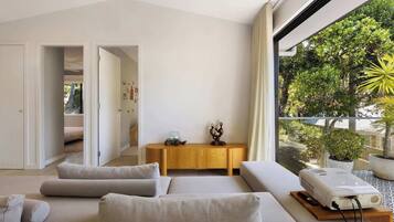 TV, fireplace, books, offices