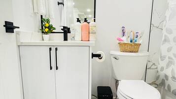 Hair dryer, towels, soap, toilet paper