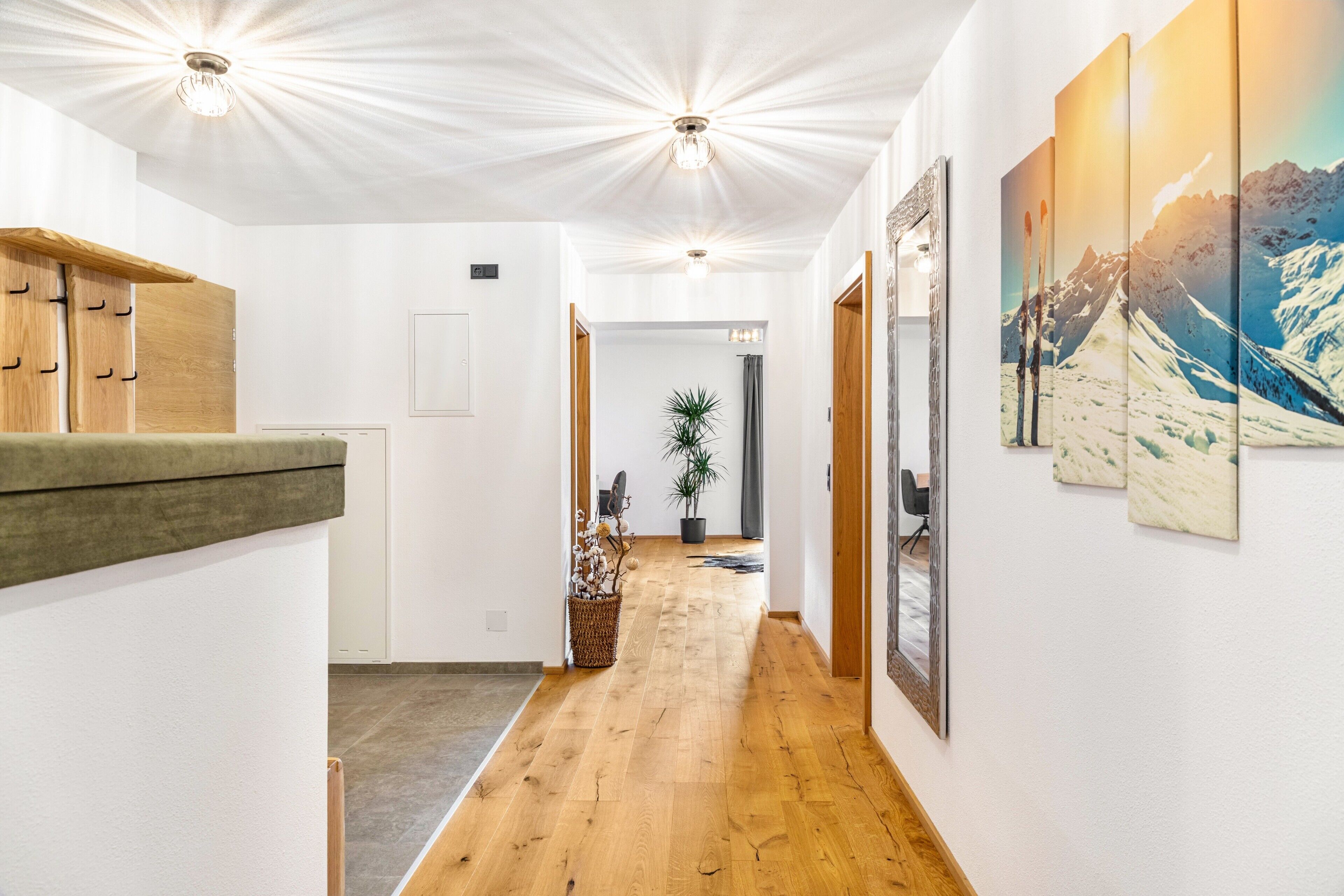 Un couloir avec un plancher en bois, des murs blancs, des luminaires au plafond, une plante et des tableaux encadrés.