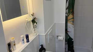 Shower, free toiletries, hair dryer, towels