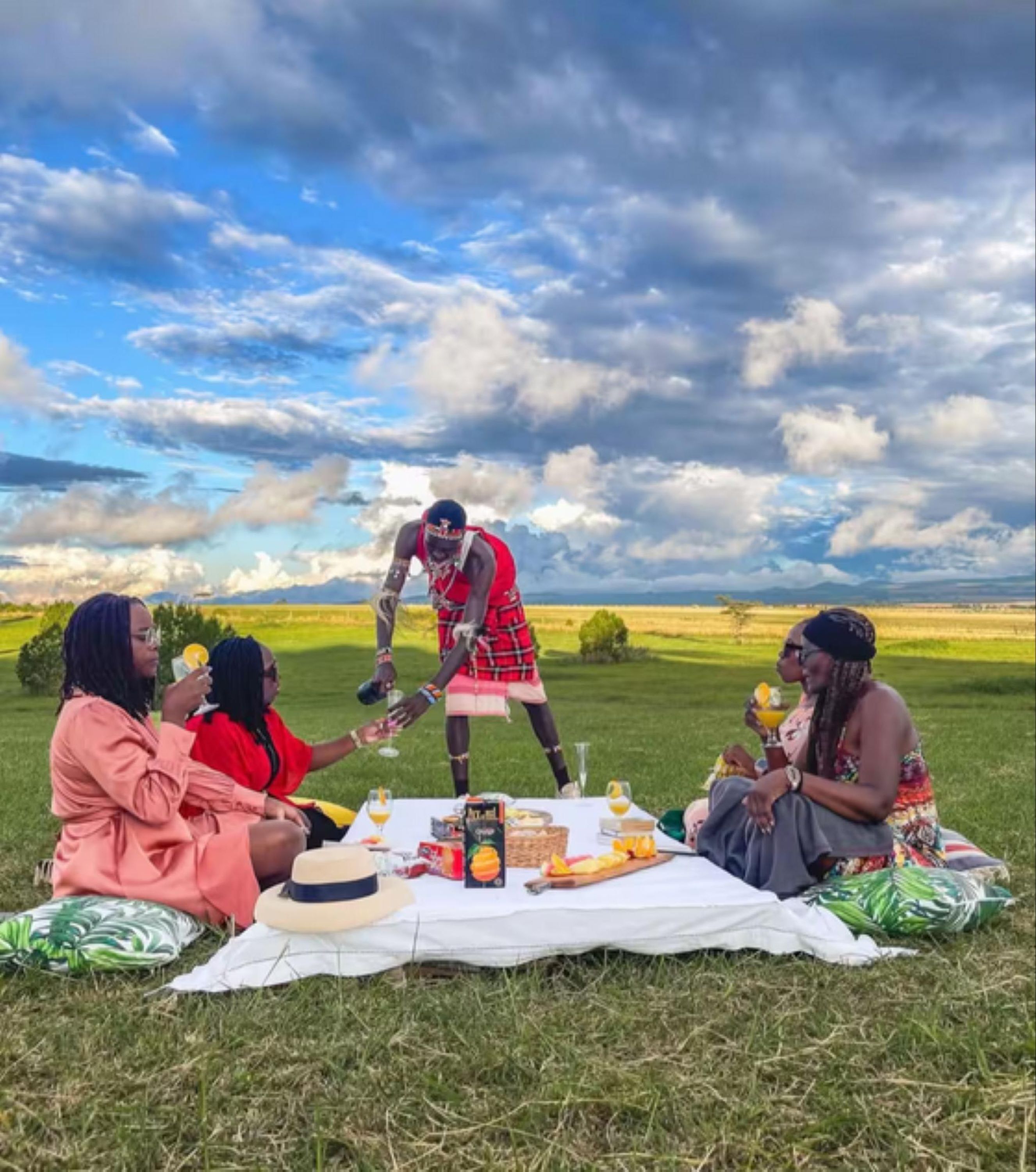Een groep mensen maakt een picknick in een open veld, met een bewolkte lucht.