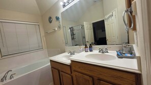 Hair dryer, bidet, towels, soap