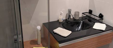 Hair dryer, towels, soap, toilet paper